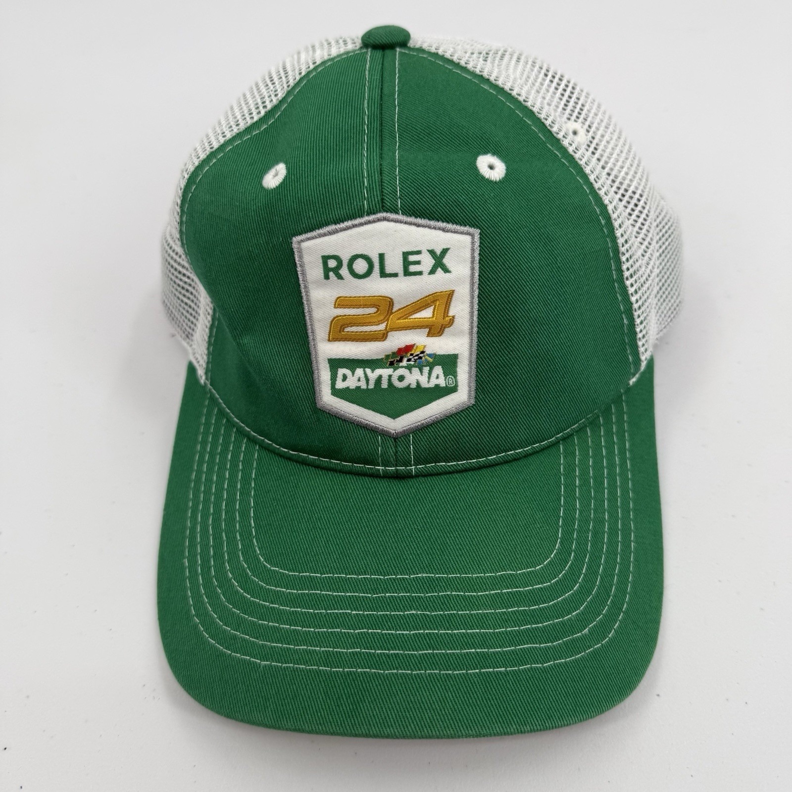 Rolex 24 Daytona Race Hat Green White Adjustable Snapback Cap Mesh Back Trucker Rolex 24 Daytona Race Hat Green White Adjustable Snapback Cap Mesh Back Trucker